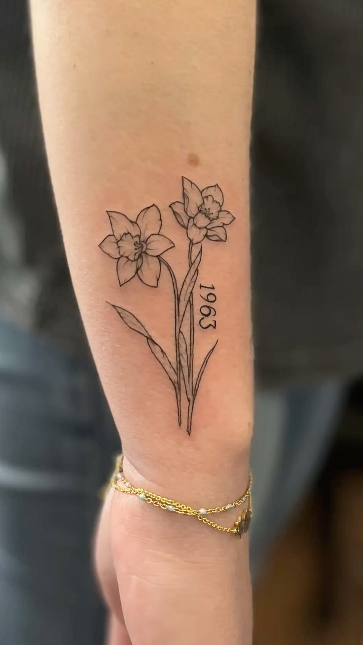 Fine Line Daffodils With Memorial Year Tattoo Design
