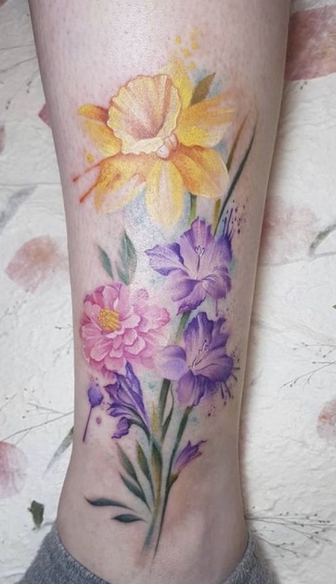 Watercolor Daffodil and Purple Flower Bouquet Tattoo Design