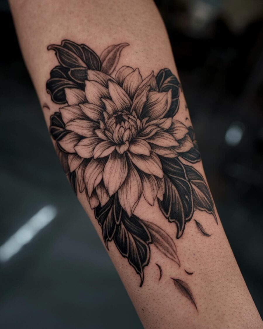 This striking dahlia tattoo features intricate black and gray shading, making the flower pop against the skin.