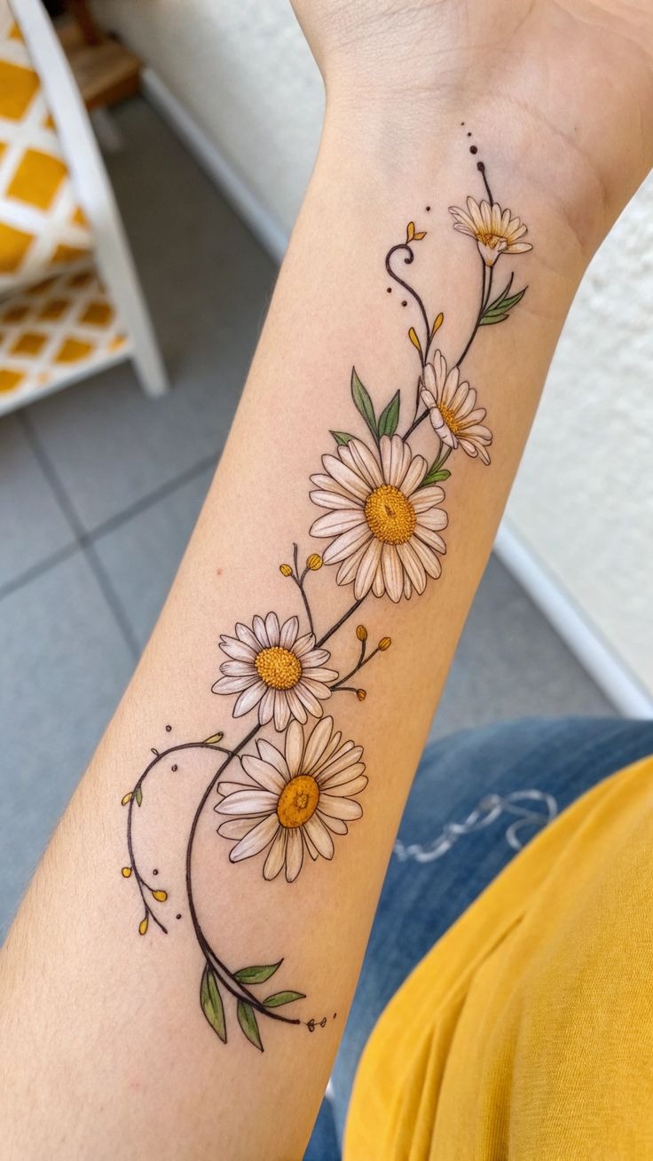 Colorful Daisy Wrist Trail Tattoo Design