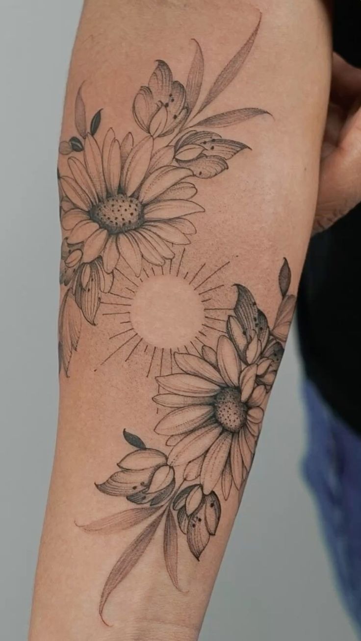 Delicate Daisy Bouquet With Dotted Orbit Tattoo Design
