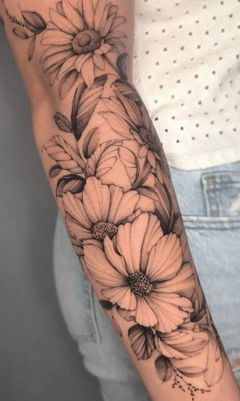 Full Floral Forearm Daisy Piece Tattoo Design