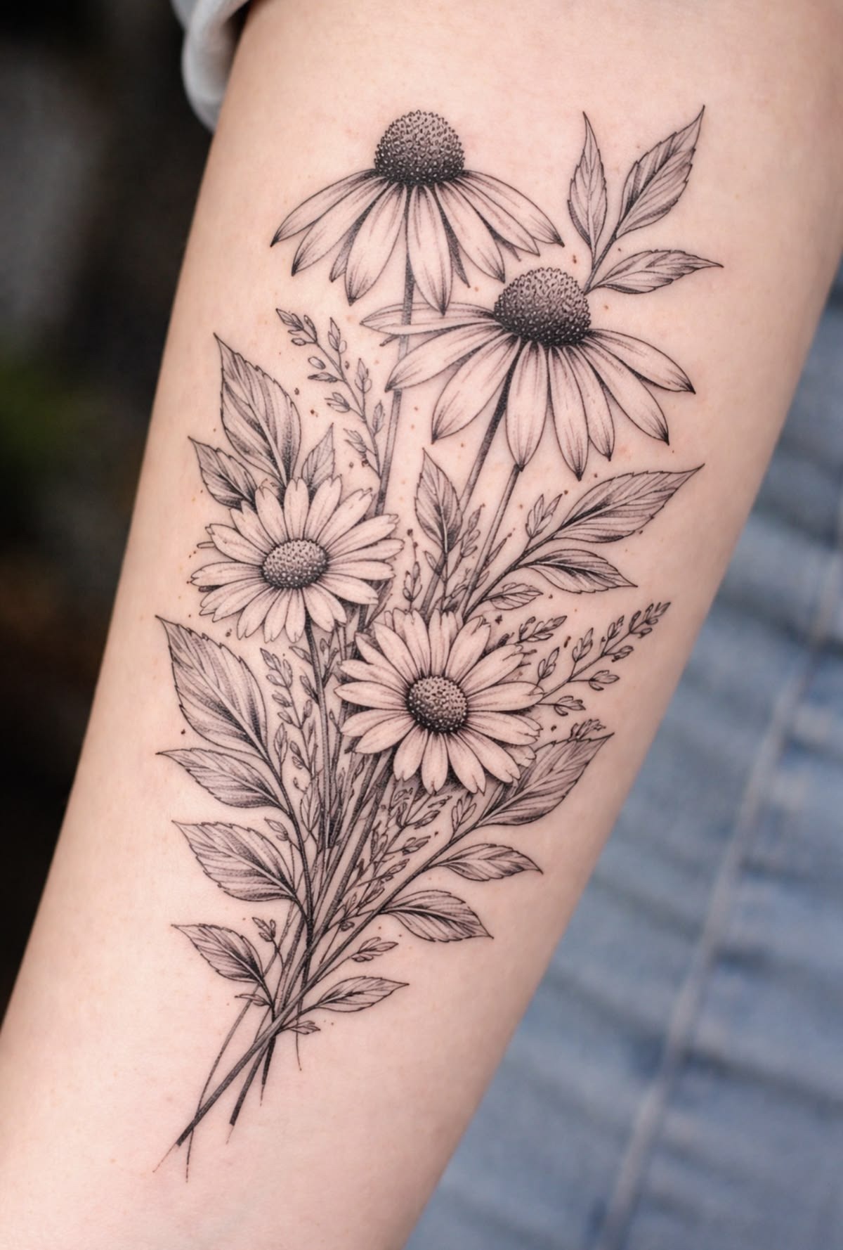 Single-Stem Daisy Sketch Tattoo Design