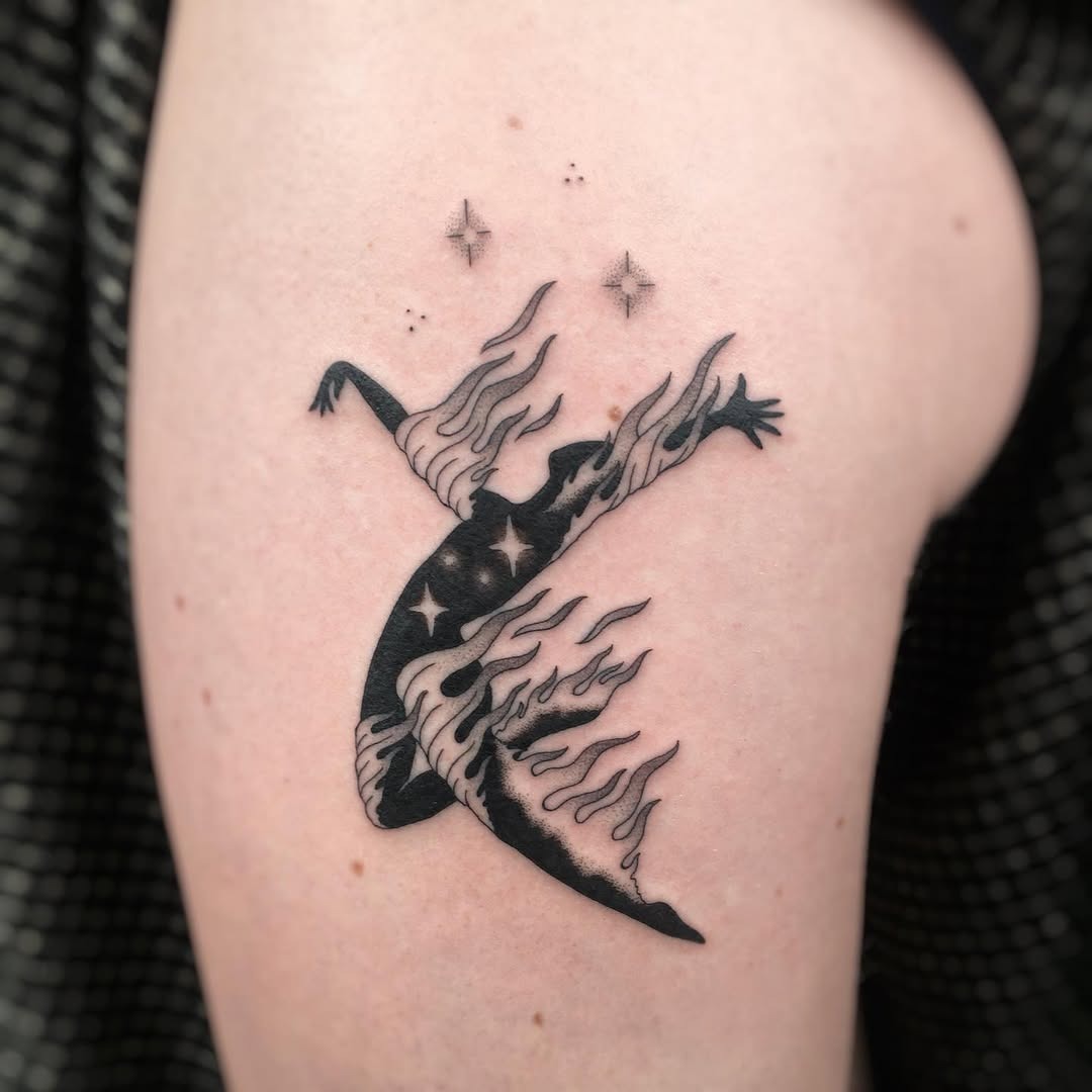 Dynamic dancer tattoo with flames and stars Tattoo Design