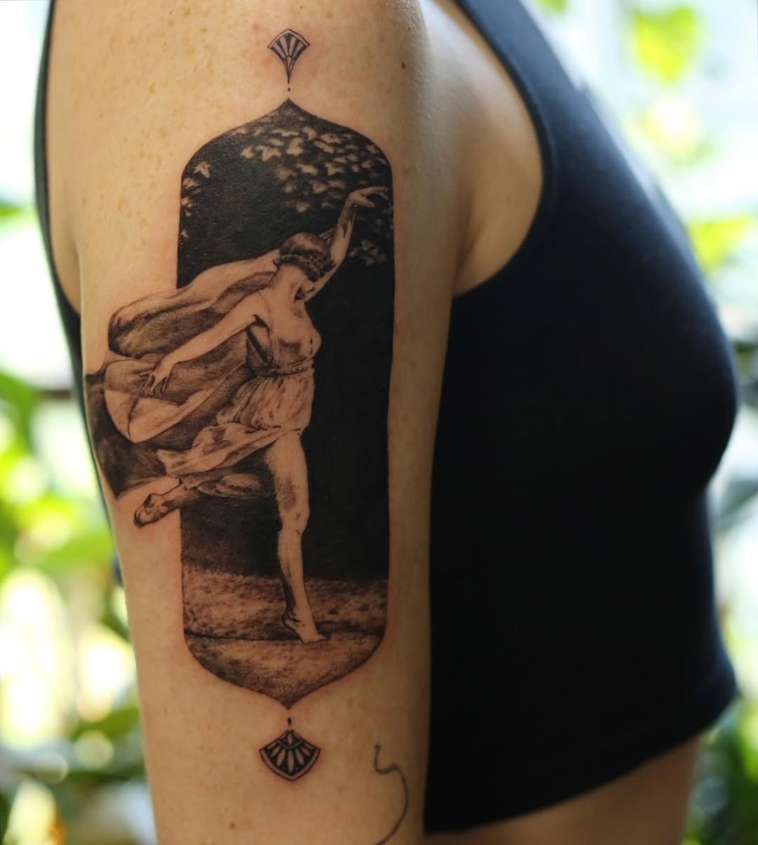 Elegant ballet dancer tattoo with floral elements Tattoo Design