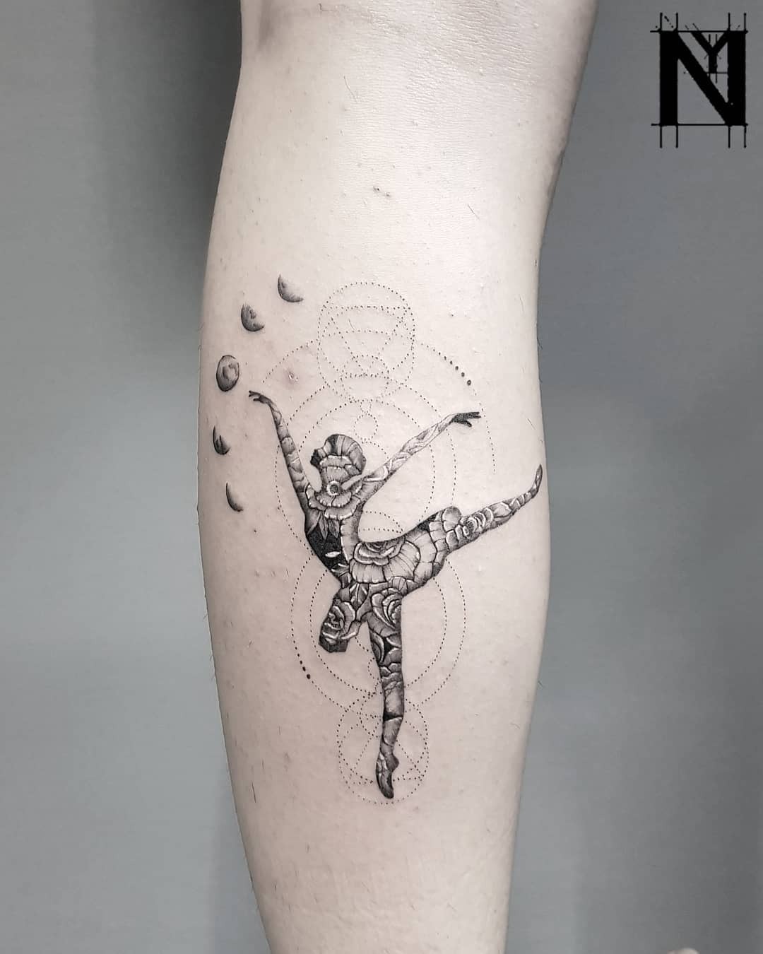 Elegant ballet dancer with cosmic elements tattoo Tattoo Design