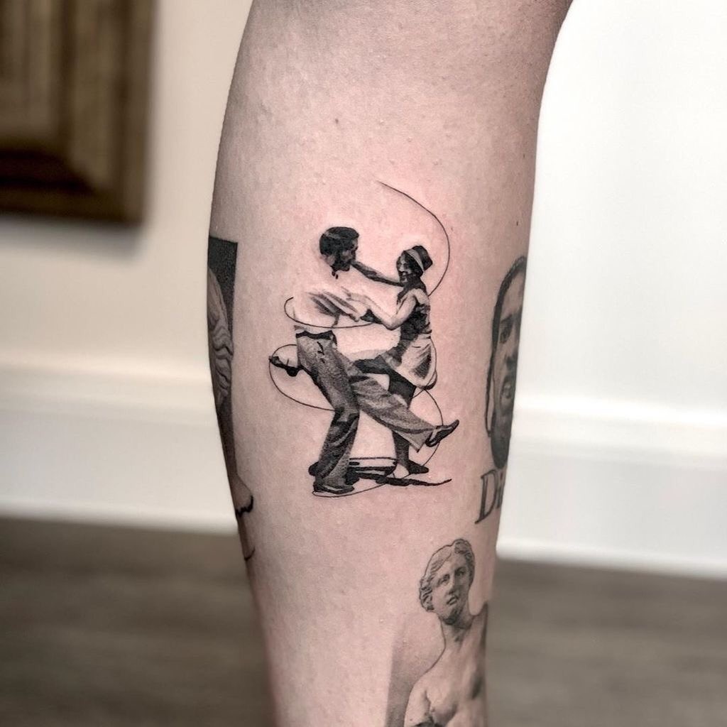 Elegant vintage dancers captured in tattoo art Tattoo Design