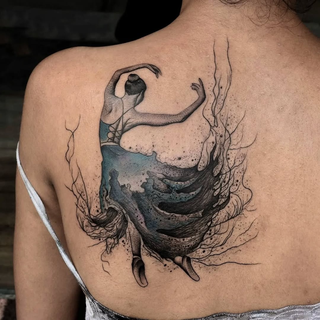 Graceful dancer inked in watercolor style Tattoo Design