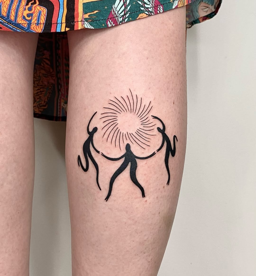 Stylized dancers encircling a radiant sun. Tattoo Design