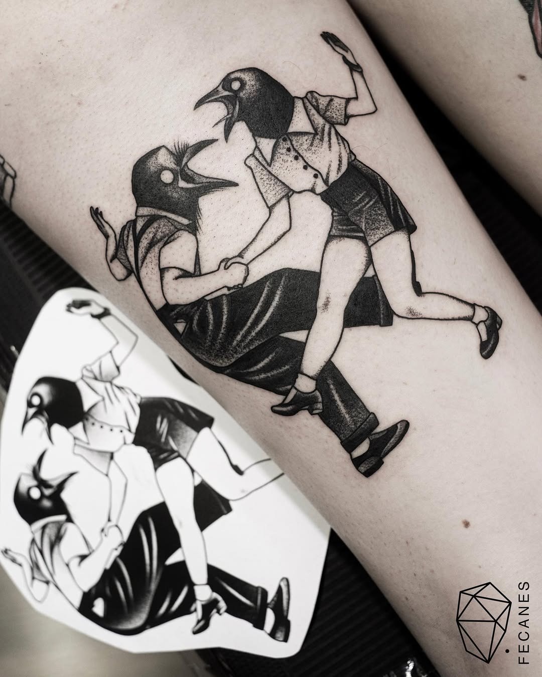 Whimsical bird-themed couple dancing tattoo Tattoo Design