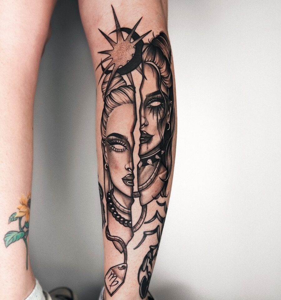 Duality of dark feminine energy expressed Tattoo Design