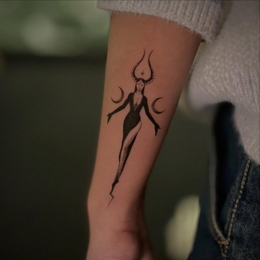 Elegant Dark Feminine Tattoo with Mystical Elements Tattoo Design