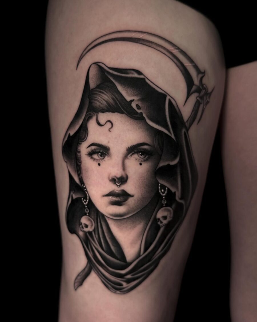 Enchanting dark feminine portrait with scythe Tattoo Design
