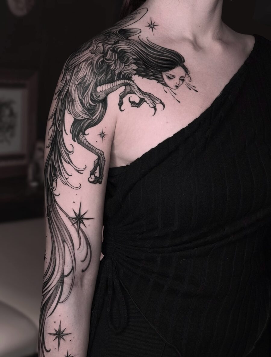Enchanting dark feminine tattoo design on shoulder Tattoo Design