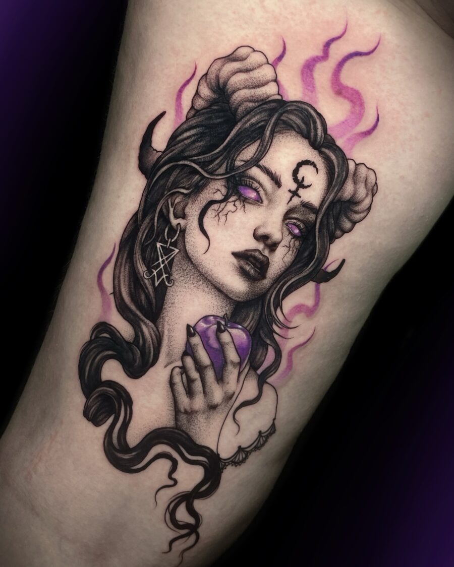Enchanting dark feminine tattoo with mystical elements Tattoo Design