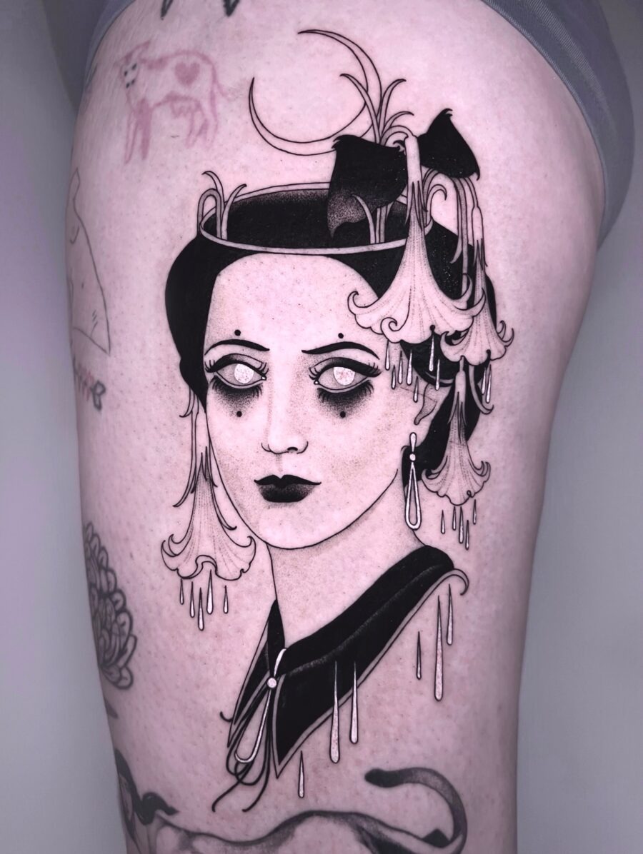 Ethereal gothic feminine portrait tattoo in black Tattoo Design