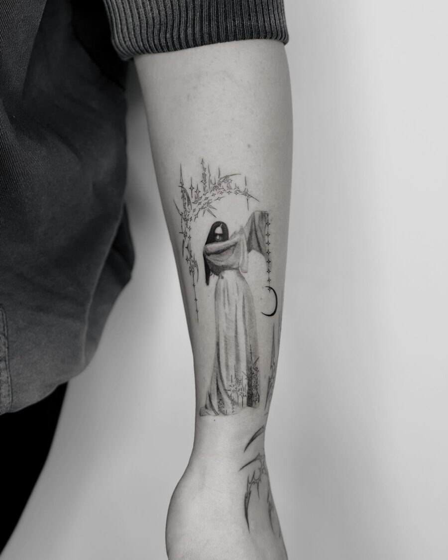 Ethereal reaper exuding dark feminine energy Tattoo Design