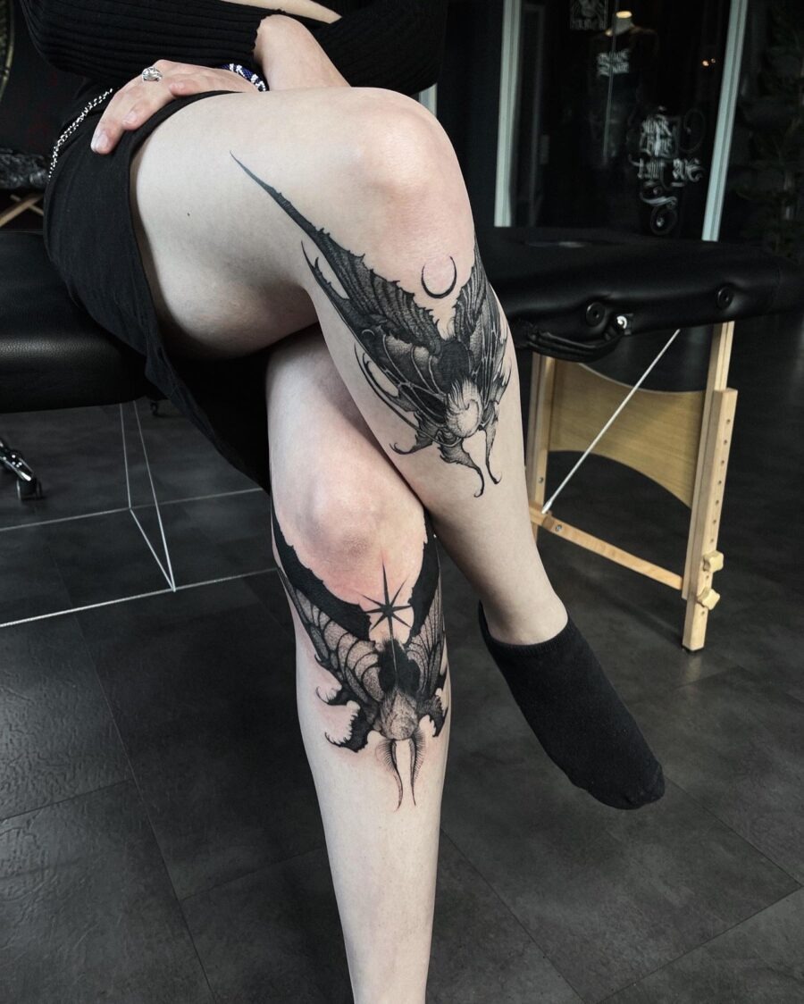 Intricate dark feminine bat tattoo on leg Tattoo Design