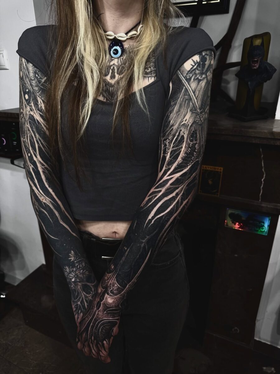 Intricate dark feminine full arm tattoos design Tattoo Design