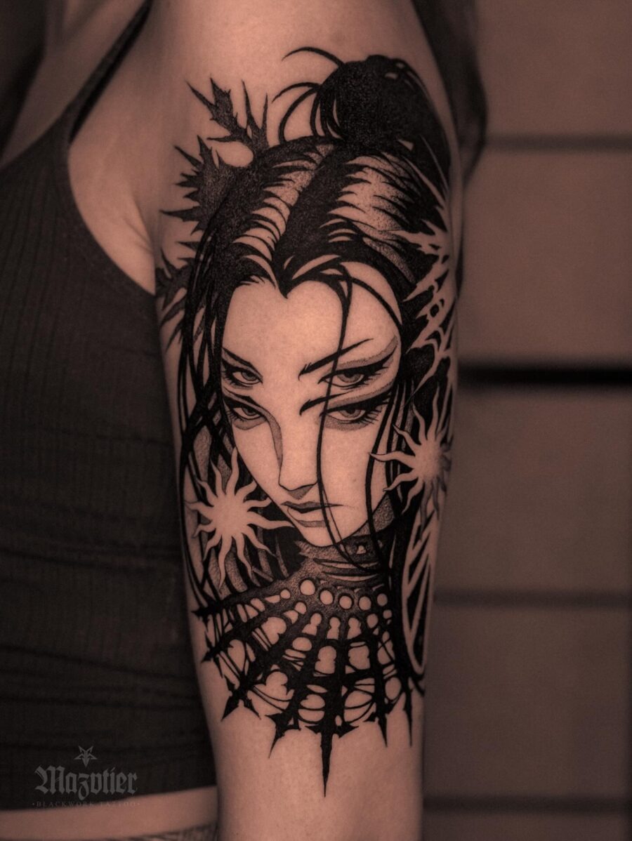 Intricate dark feminine tattoo showcasing strong features Tattoo Design