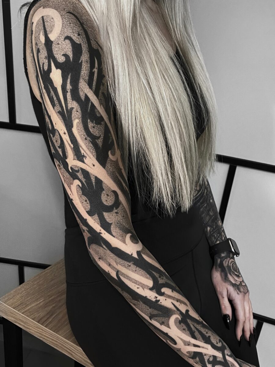 Intricate dark feminine tattoo sleeve in focus Tattoo Design