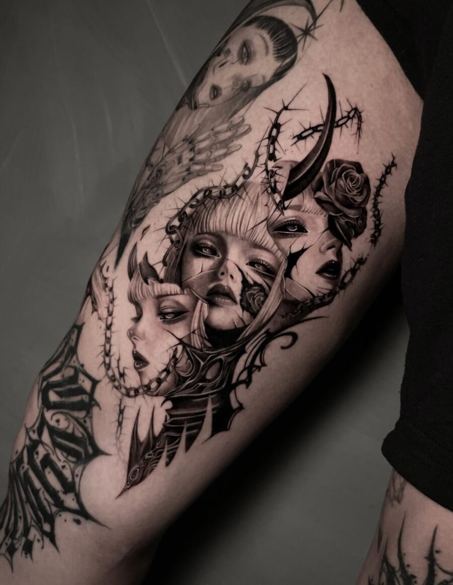 Intricate dark feminine tattoo with haunting faces Tattoo Design