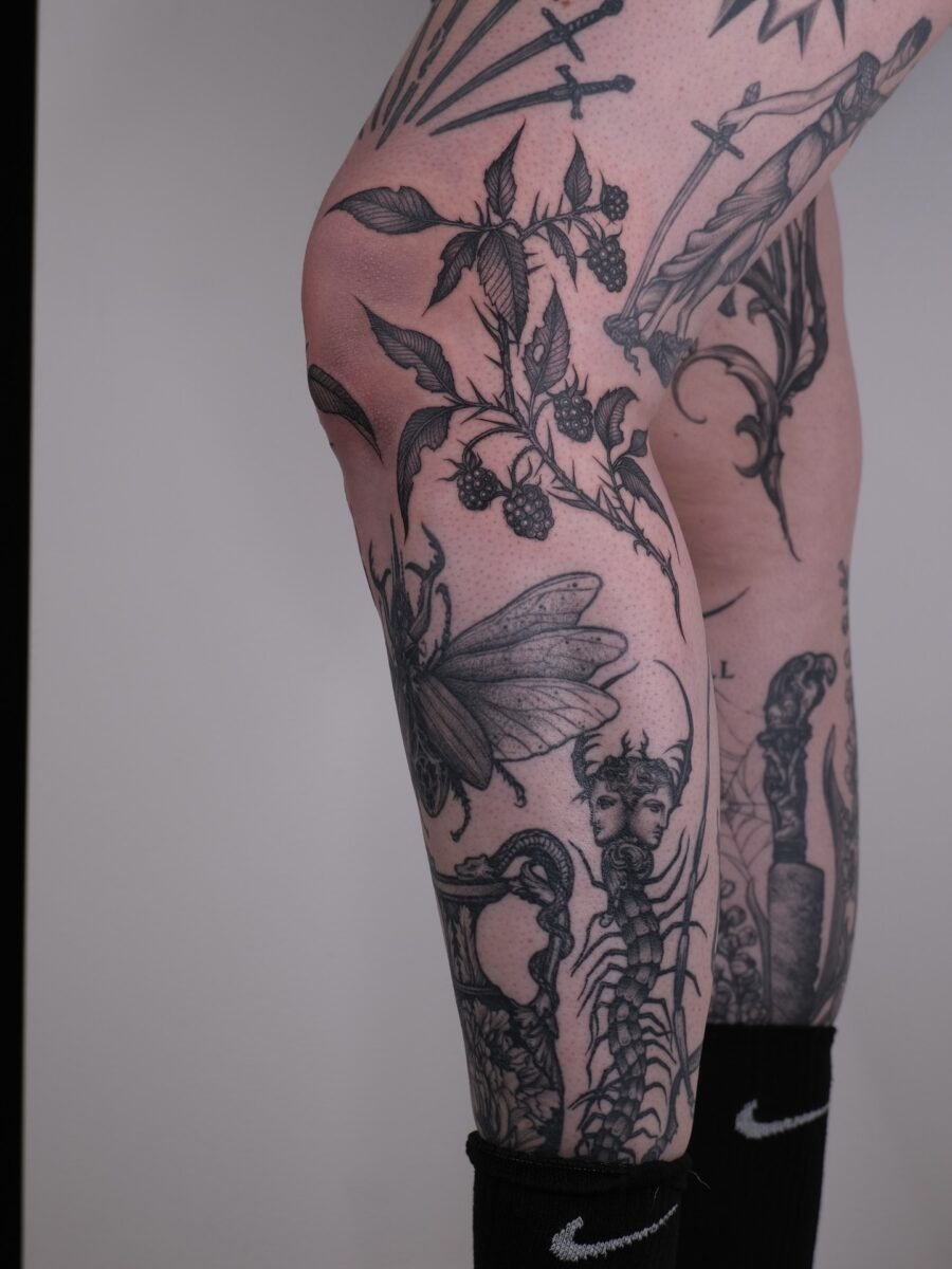 Intricate design blending nature and dark themes. Tattoo Design