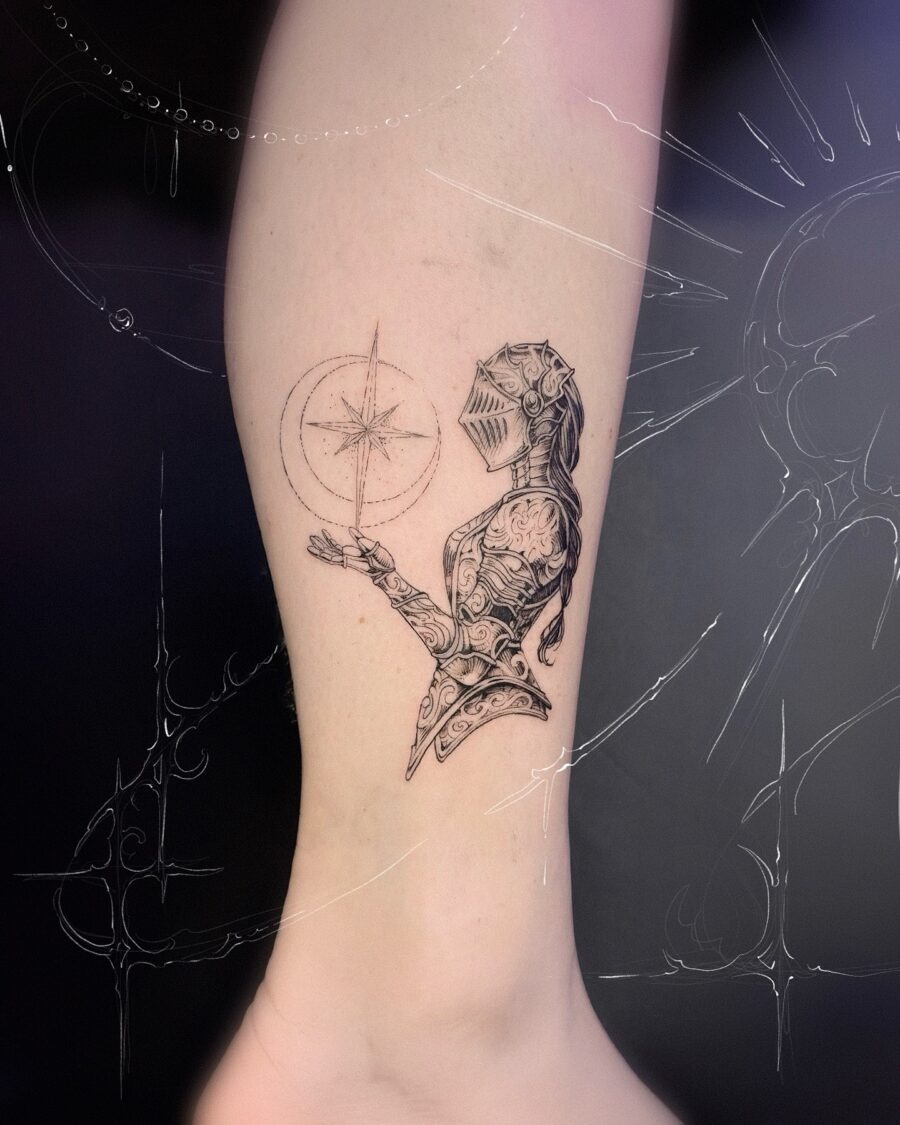 Intricate knight tattoo showcasing dark femininity Tattoo Design