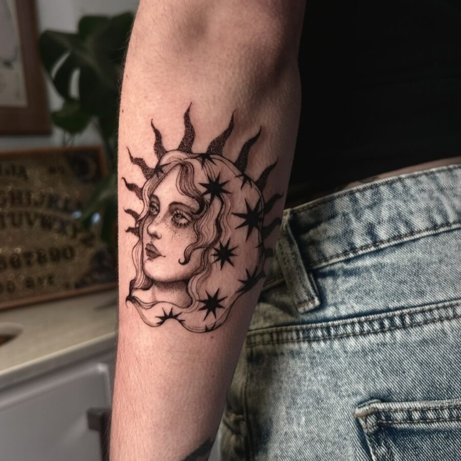 Intricate sun and moon feminine tattoo design Tattoo Design