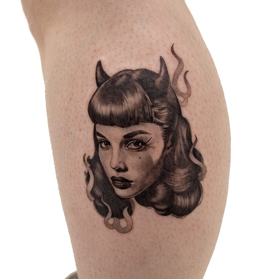 Intriguing dark feminine tattoo with devilish flair Tattoo Design