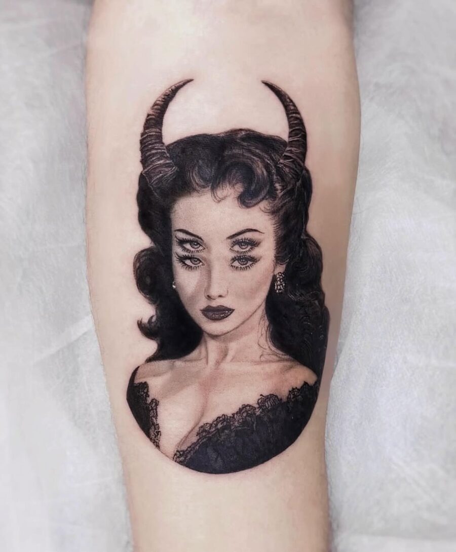 Intriguing dark feminine tattoo with horns Tattoo Design