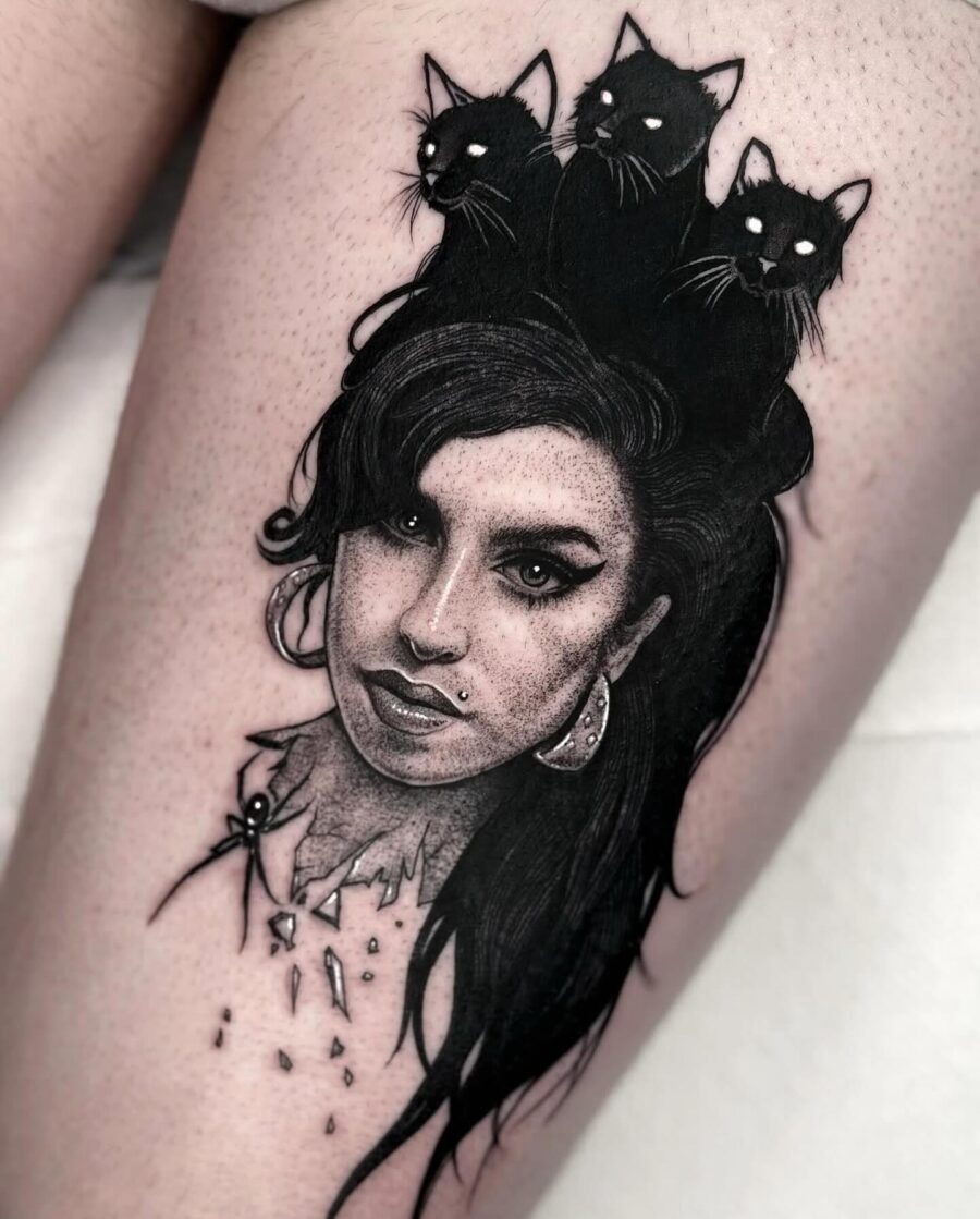 Mesmerizing dark feminine tattoo with black cats Tattoo Design