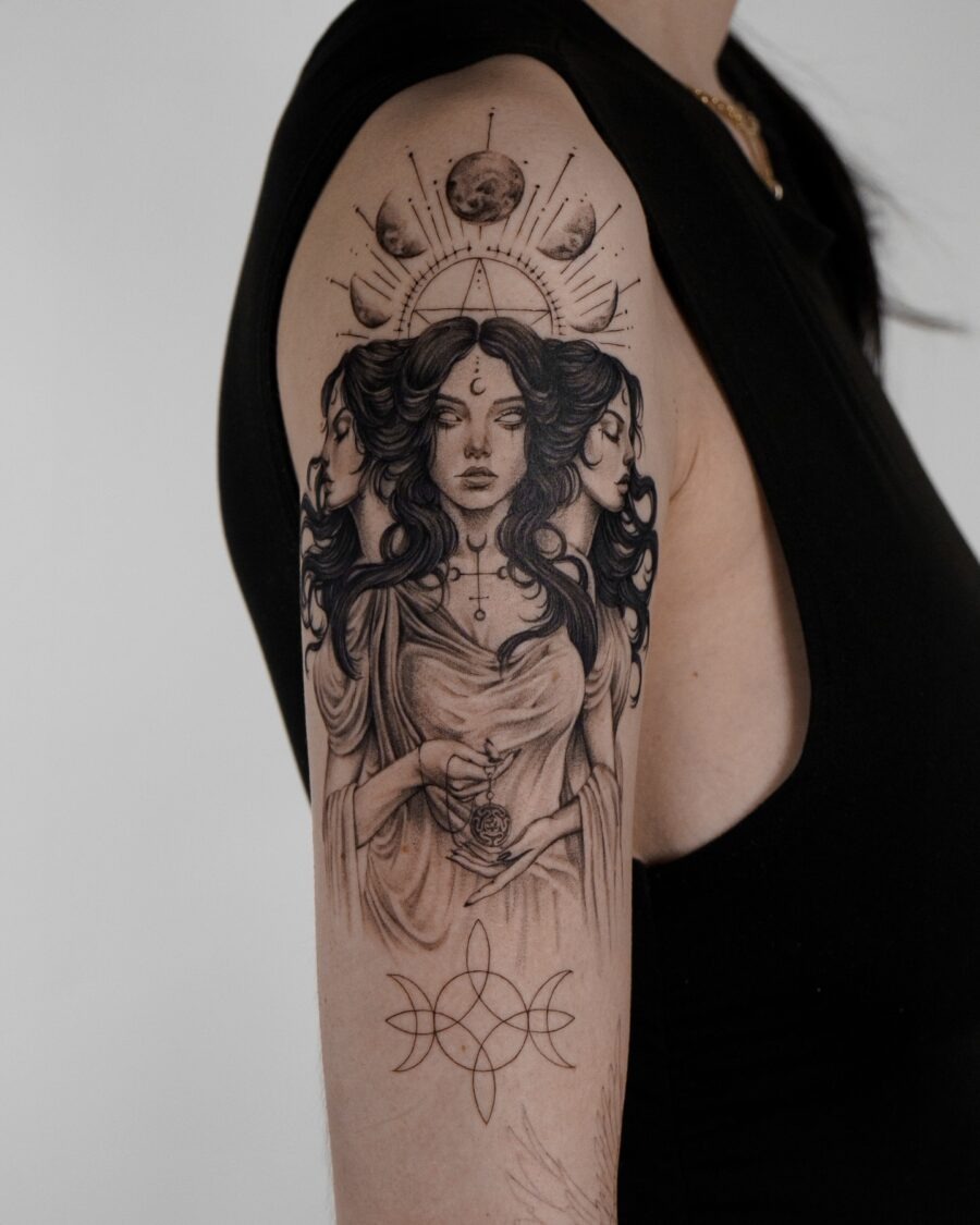 Mystical goddess tattoo with lunar elements Tattoo Design