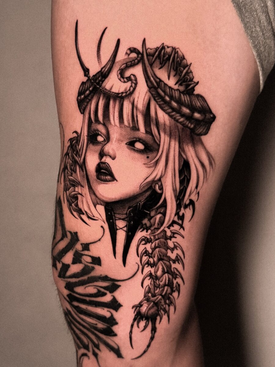 Striking Dark Feminine Tattoo With Scorpion Elements Tattoo Design
