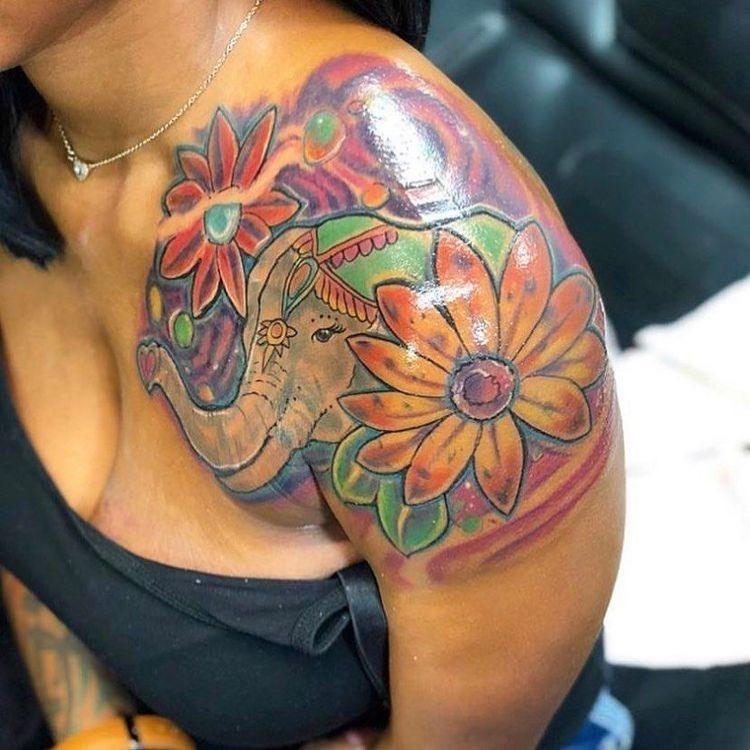 Elephant and Floral Shoulder Tattoo Tattoo Design