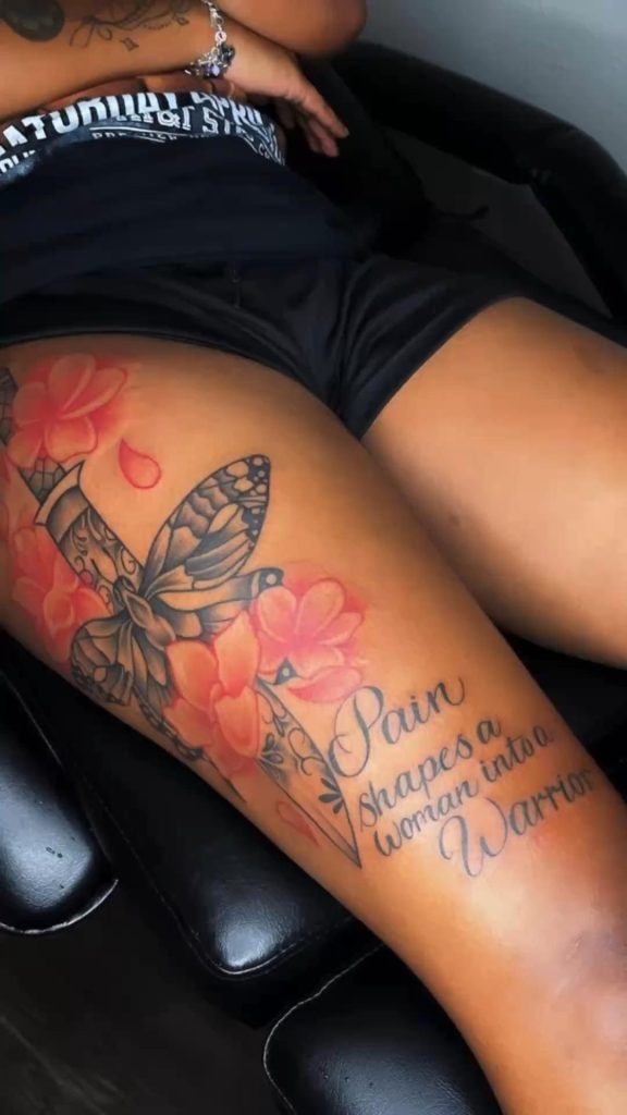 Sword and Butterfly Floral Tattoo on the Thigh Tattoo Design