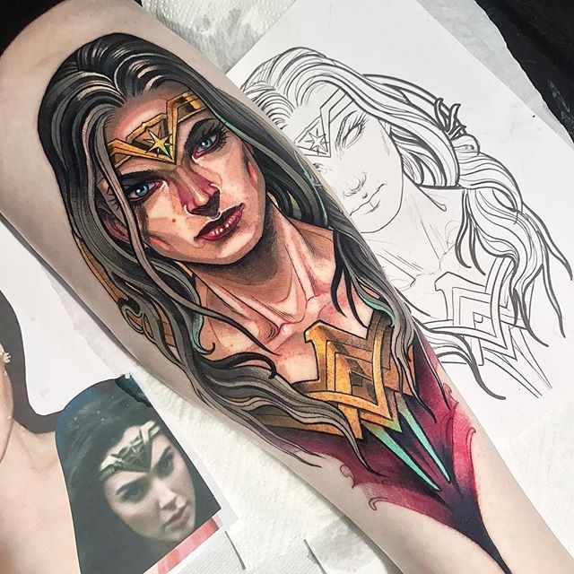 Fierce Life-Like Wonder Woman Tattoo Tattoo Design