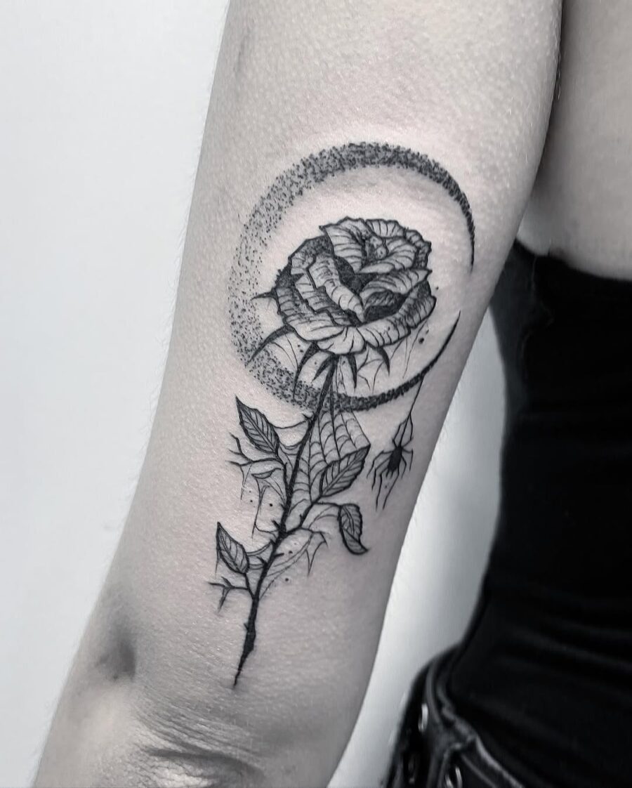 Elegant rose tattoo with moon accents Tattoo Design