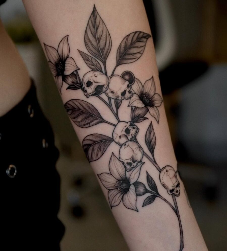 Intricate dead flower and skull tattoo design Tattoo Design