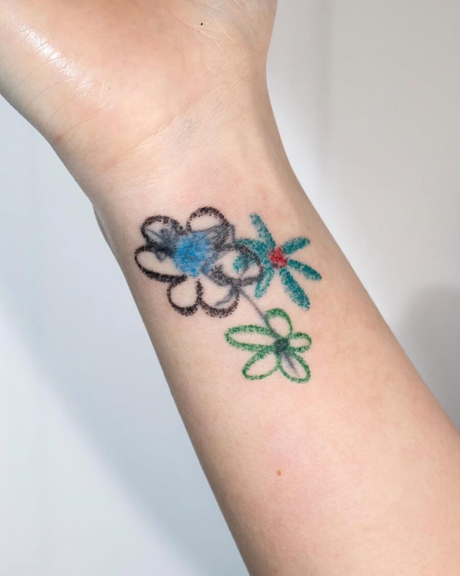 Playful floral ink with colorful outlines Tattoo Design