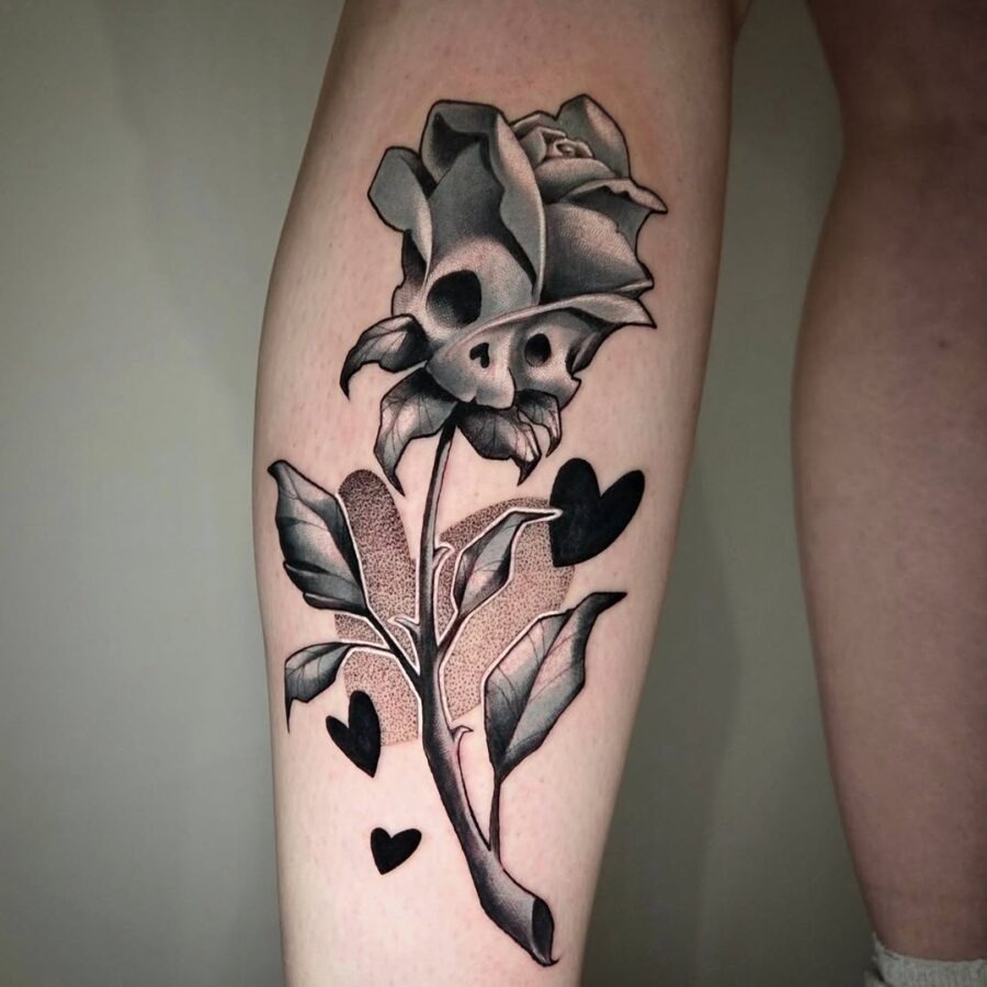 Unique skull rose tattoo with hearts detail Tattoo Design