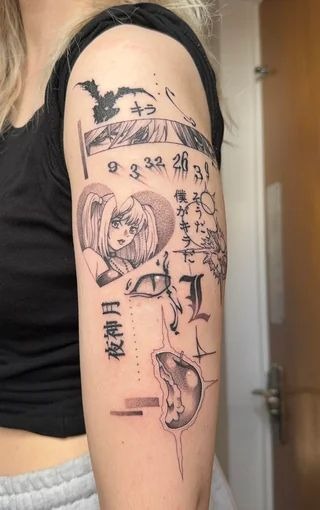 Dramatic Collage-Style Death Note Sleeve Tattoo Design
