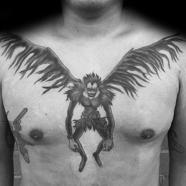 Full-Chest Winged Ryuk Statement Tattoo Design