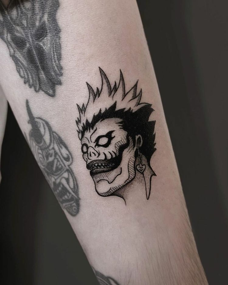 Minimalist Ryuk Head Outline Tattoo Design