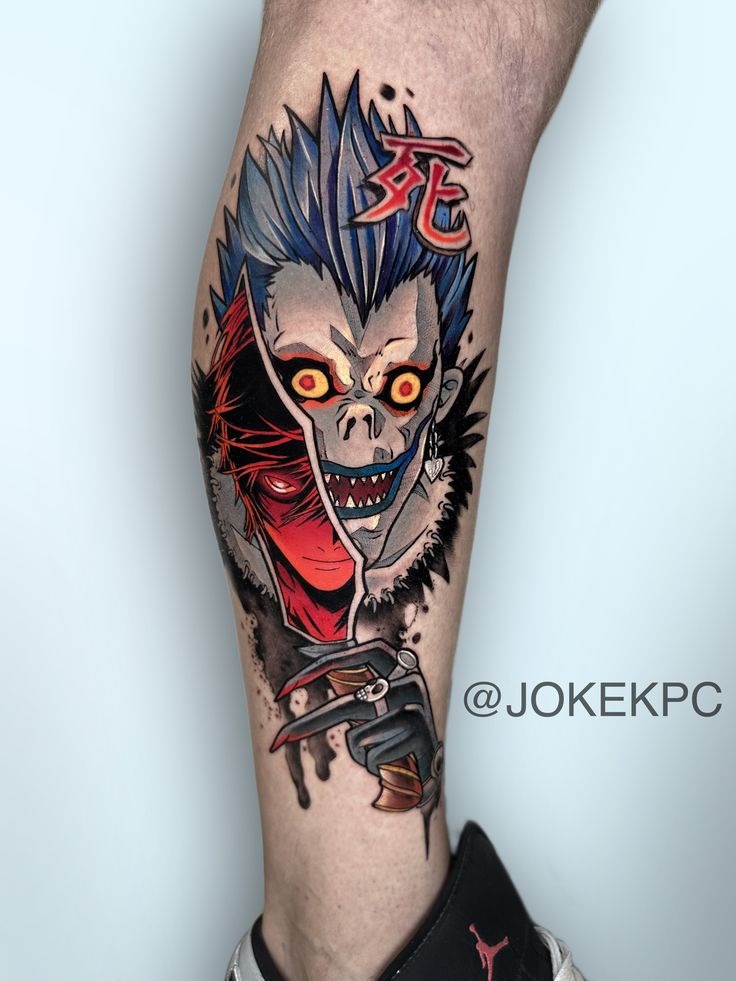 Split-Face Ryuk and Light Fusion Tattoo Design