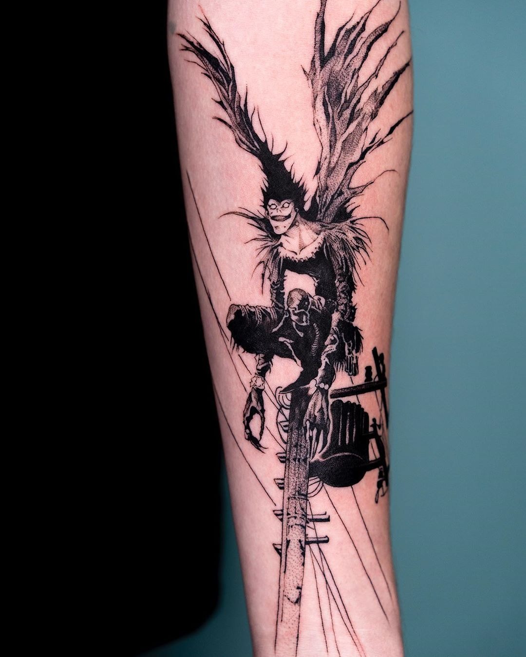Towering Ryuk Blackwork Scene Tattoo Design