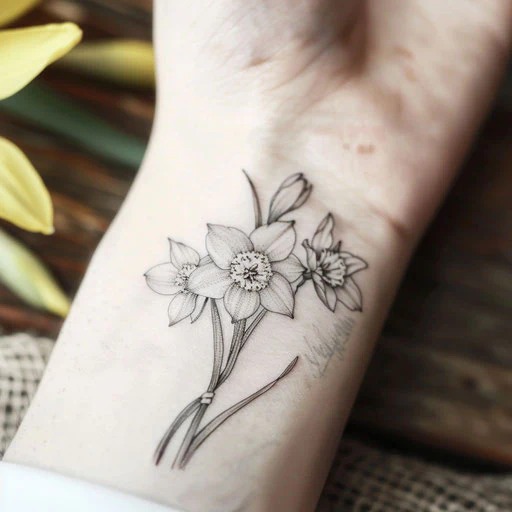 This tattoo features a fine-line design of a small bouquet of Narcissus flowers elegantly placed on the wrist.
