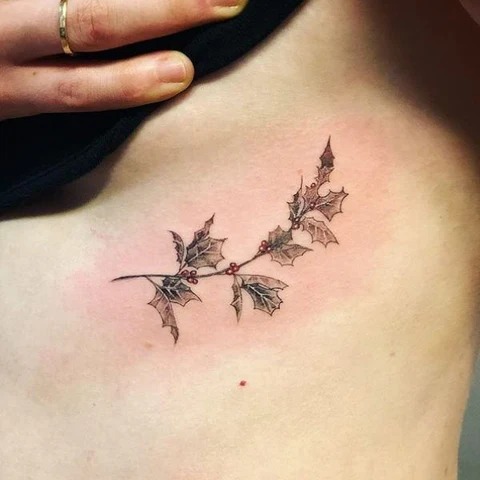 This design focuses solely on a sprig of Holly, capturing the bold, angular leaves and clusters of berries in exquisite detail.
