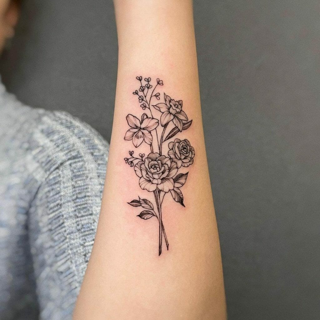 This tattoo features an elaborate bouquet with a combination of Narcissus, roses, and delicate sprigs of leaves and berries.