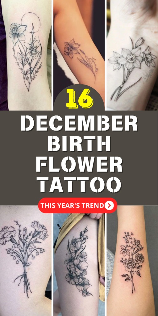 This tattoo features a refined and graceful design of Narcissus flowers, with detailed petals and small budding blooms emerging delicately from thin stems.